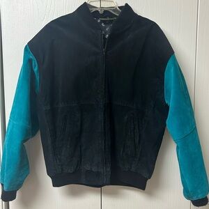 Men’s black and Teal Leather/Suede Bomber Jacket